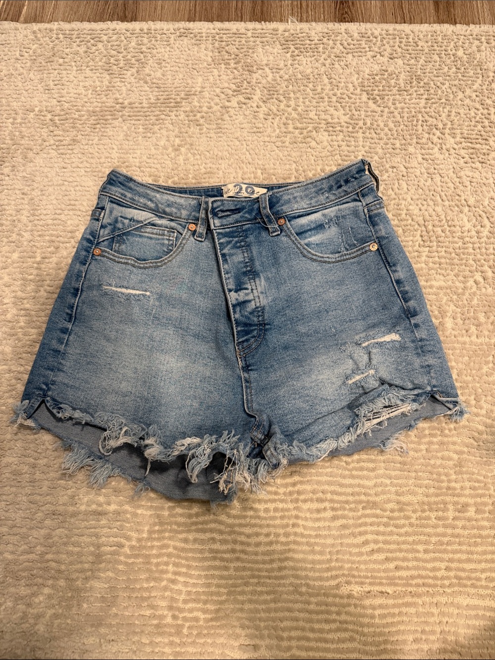 We the free High-Rise Distressed Denim Shorts - Light Blue